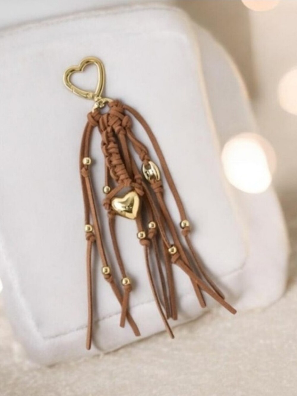 American Eagle Outfitters Heart Suede Tassel Keychain Bag Charm brown Gold